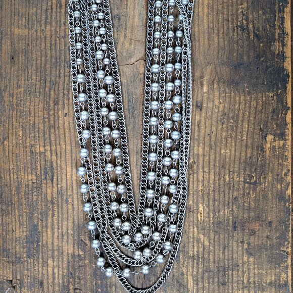 vintage Jewelry - Vintage silver tone bead chain layered necklace